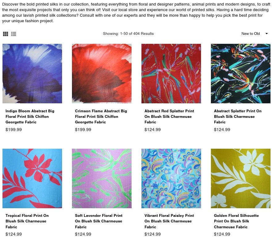 Image of an online storefront selling beautiful but expensive fabrics