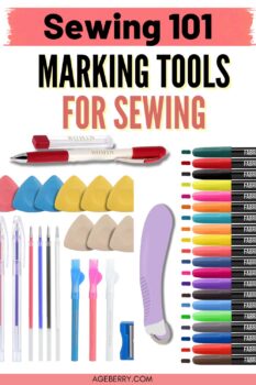 Sewing 101: marking tools for sewing — image showing various marking tools such as Bohin chalk pencils, tailor’s chalk, tracing wheels, fabric markers, and sewing pens for marking fabric