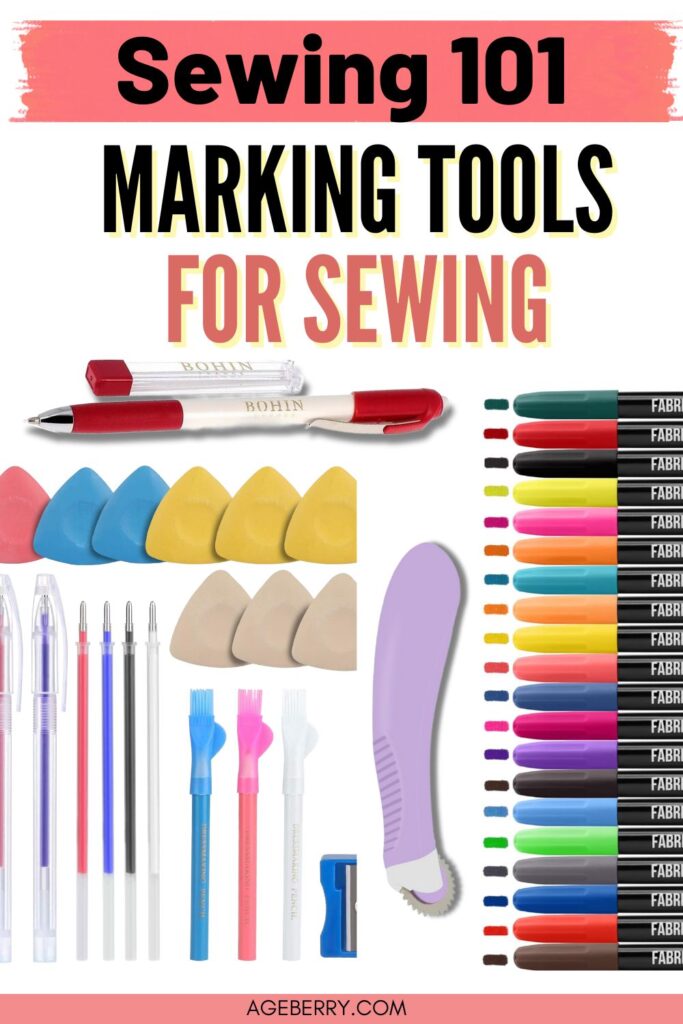 Sewing 101: marking tools for sewing — image showing various marking tools such as Bohin chalk pencils, tailor’s chalk, tracing wheels, fabric markers, and sewing pens for marking fabric