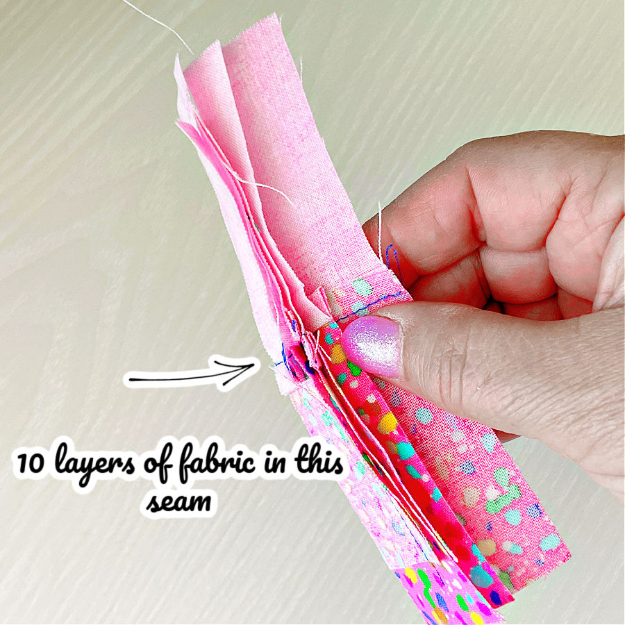 image showing multiple layers of fabric sewn together resulting in 10 layers of fabric in the seam