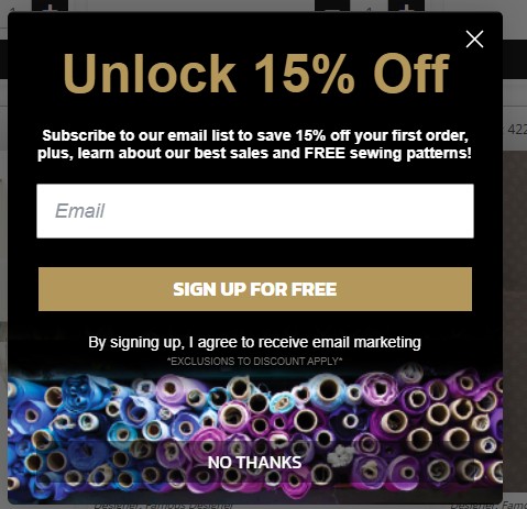Image of an online discount offer from Mood fabrics
