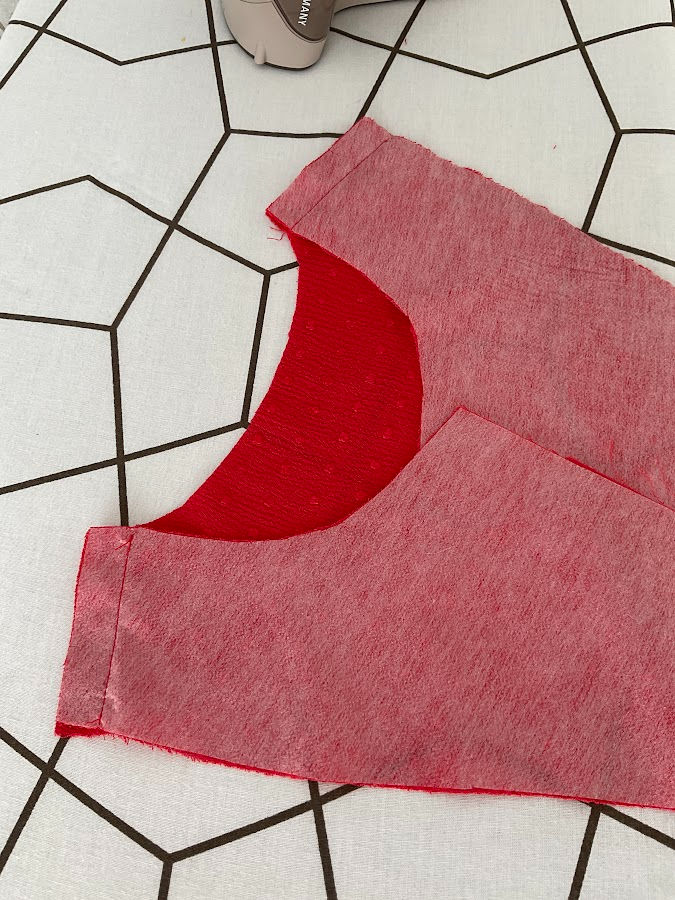 An example of a shoulder seam after being pressed flat as a first step before opening the seam