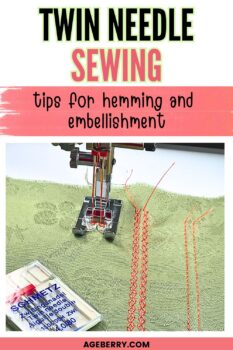 Close-up of decorative twin needle stitching on green woven fabric, with a Schmetz needle pack and a double-threaded sewing machine in view. The image includes the text “Twin Needle Sewing: Tips for Hemming and Embellishment” over a bold pink strip.