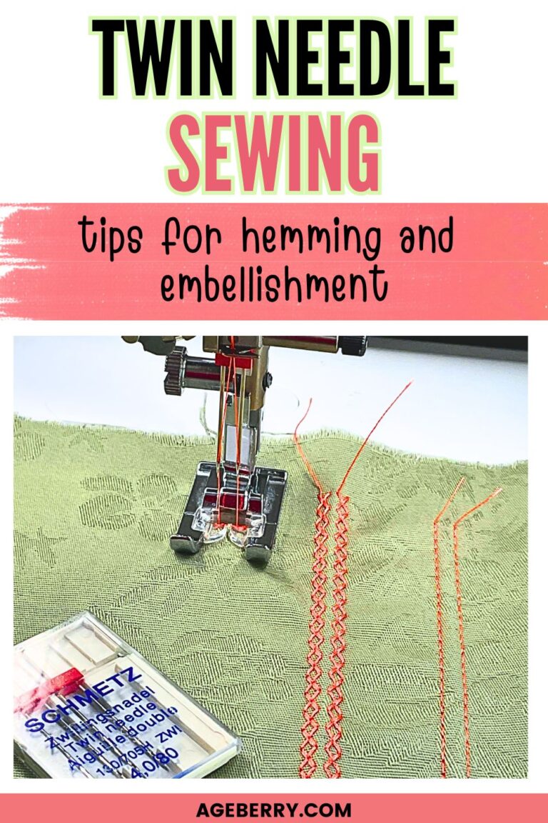 Close-up of decorative twin needle stitching on green woven fabric, with a Schmetz needle pack and a double-threaded sewing machine in view. The image includes the text “Twin Needle Sewing: Tips for Hemming and Embellishment” over a bold pink strip.