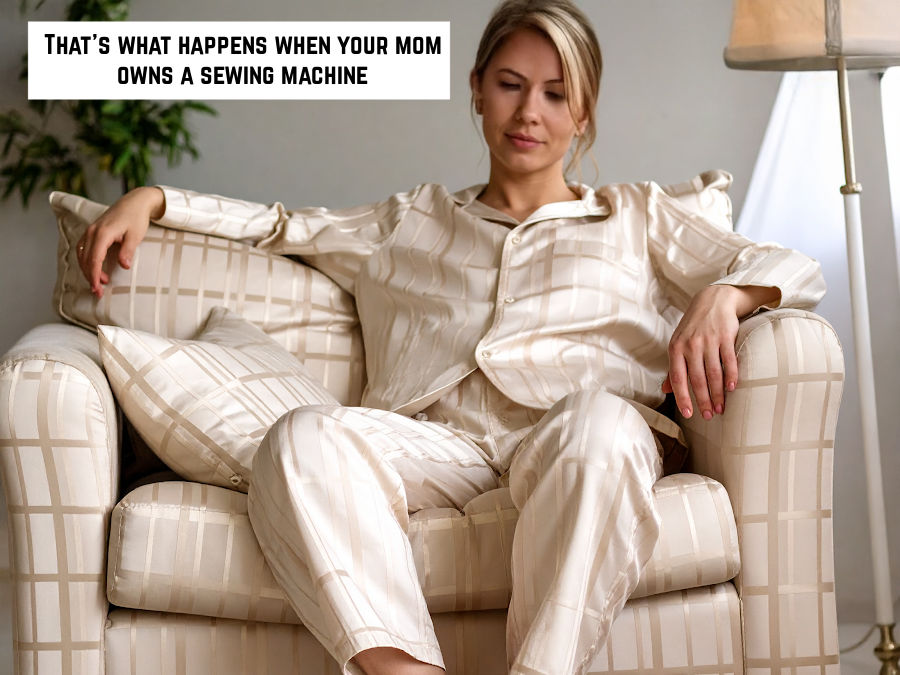 funny image showing a young woman on a couch wearing a pajama with the same pattern as the couch