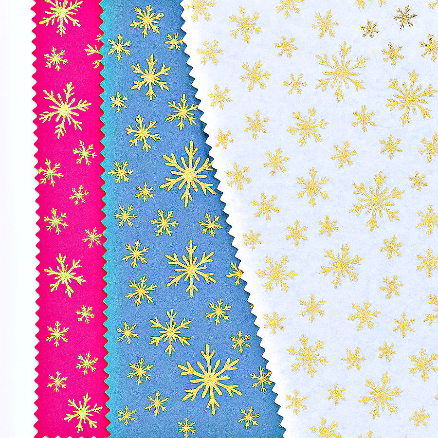 three pieces of felt pink blue white printed with a metallic snowflake start motif