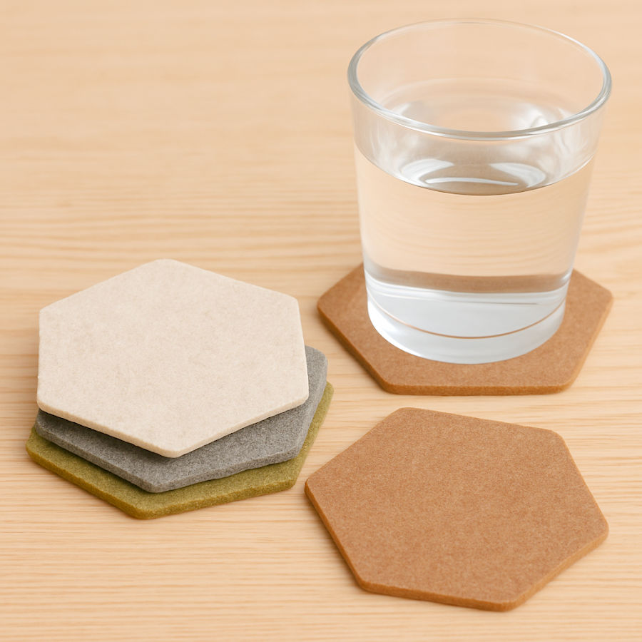 coasters made out of wool felt on a flat surface a glass full of water on a coaster