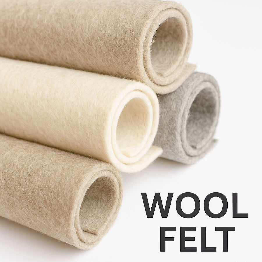 close-up of rolls of felt fabric made out of wool the text "wool felt" in the foreground of the image