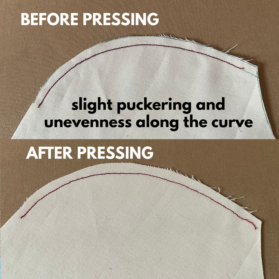 a before and after pressing image of a seam the before image shows clearly creases and slight puckering while the after image shows a relaxed seam where all these small imperfections dissappeared