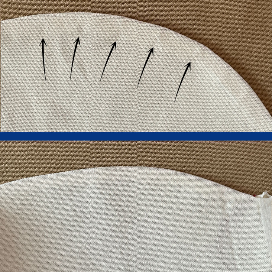 image shows the difference in an outer curve seam with and without the use of pinking shears to remove the extra bulk. The piece trimmed with pinking shears is visible smoother and the seam is thinner