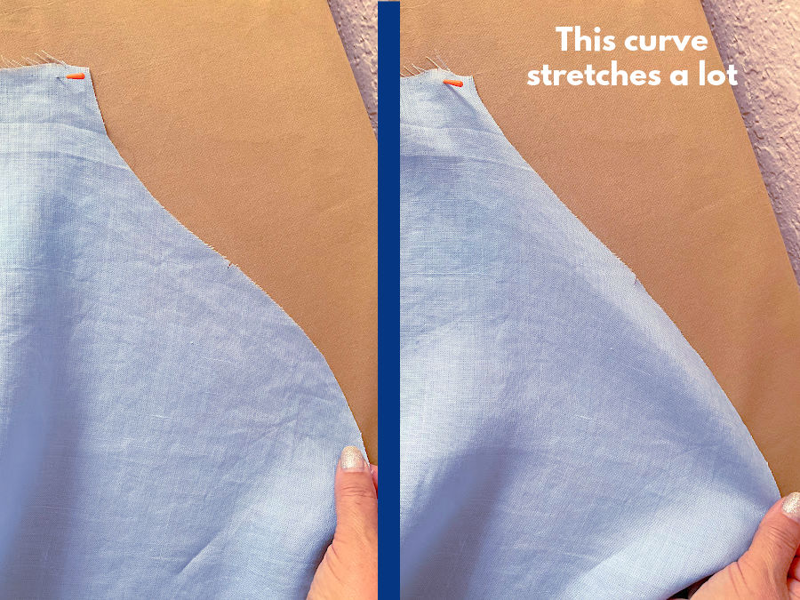 a piece of material shown in its normal state and in stretched state showing the danger of reshaping the curves with even a light stretch