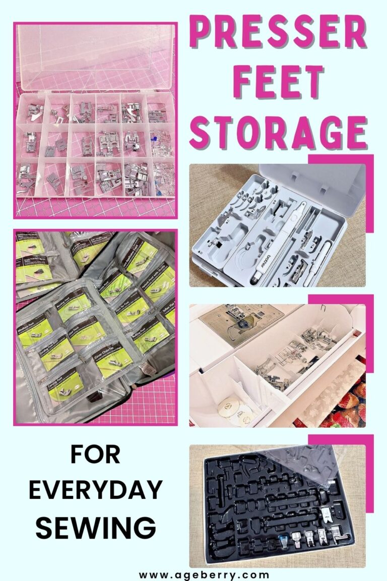 A collage of various sewing machine presser foot storage solutions, including plastic compartment boxes, a Brother accessory tray, a Baby Lock Triumph zippered pouch, and a machine arm compartment. Bold pink text reads “Presser Feet Storage” with black subheading “For Everyday Sewing”