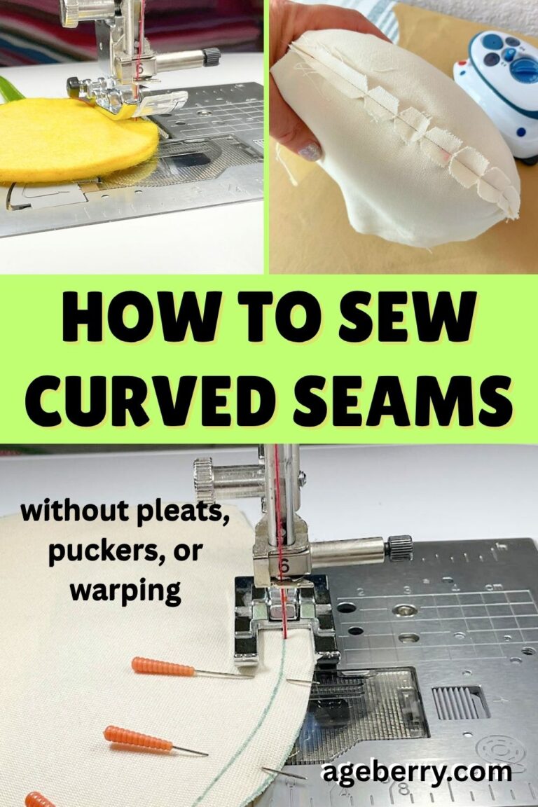 Sewing tutorial on how to sew curved seams without pleats, puckers, or warping. Includes images of a sewing machine stitching a curve, clipped seam allowance on a toy piece, and pressing tools for curved seams. Text overlay highlights beginner-friendly sewing advice from ageberry.com