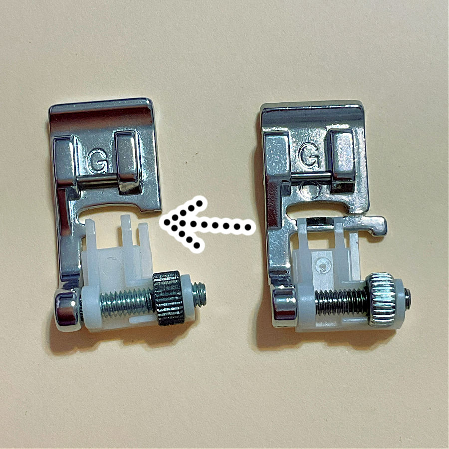two presser feet of the same type side by side, one of them is missing a small piece which has broken off because of improper storage