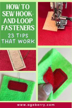 Collage showing how to sew hook-and-loop fasteners to fabric with a sewing machine. Includes close-up photos of stitching around Velcro tape on red and green fabric. Text overlay reads 'How to Sew Hook-and-Loop Fasteners – 23 Tips That Work.'