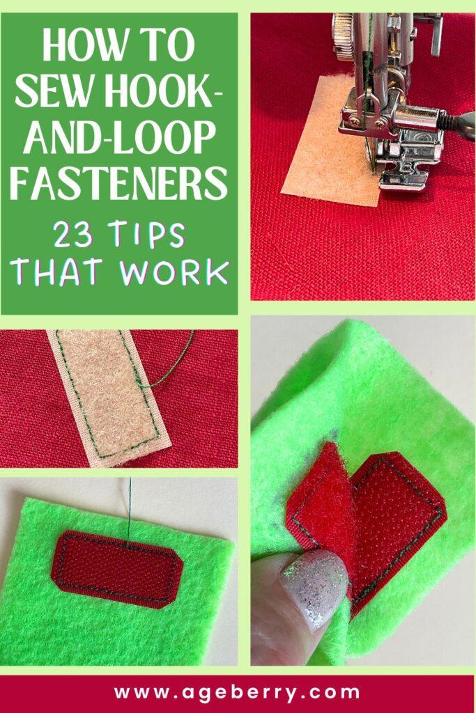 Collage showing how to sew hook-and-loop fasteners to fabric with a sewing machine. Includes close-up photos of stitching around Velcro tape on red and green fabric. Text overlay reads 'How to Sew Hook-and-Loop Fasteners – 23 Tips That Work.'