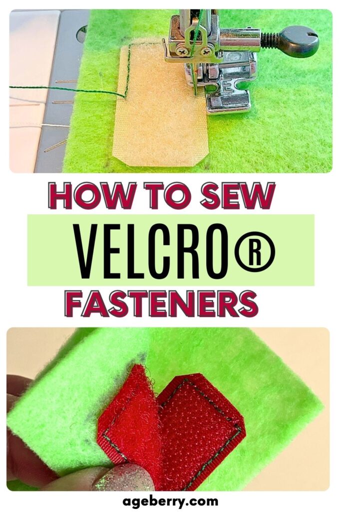 Step-by-step visuals demonstrating how to sew VELCRO® fasteners to felt using a sewing machine. Includes close-up shots of a presser foot stitching Velcro and finished red Velcro on green felt. Text overlay says 'How to Sew VELCRO® Fasteners.