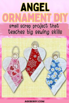 Three handmade fabric angel ornaments with white wings, patterned bodies, and pearl button heads displayed on a soft yellow textured background.
