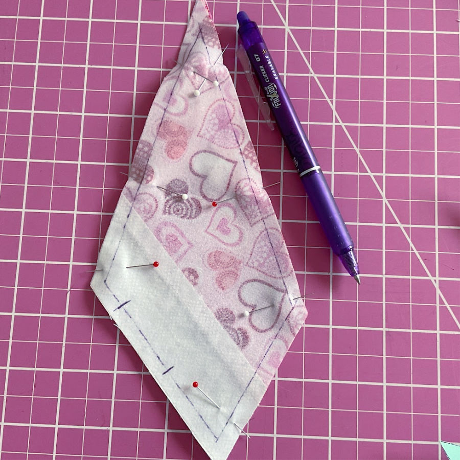 the angel fabric piece marked for the final stitching with the markings for the turning opening visible