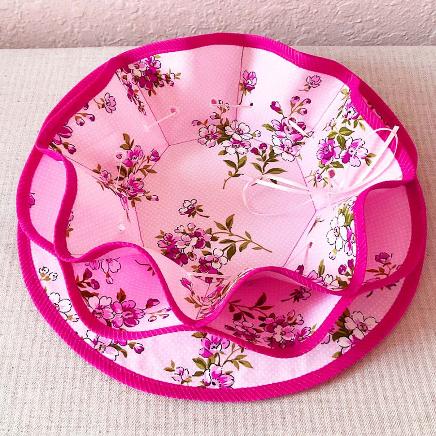 pre-made pink bias tape used for binding a project in similar but not identical colors