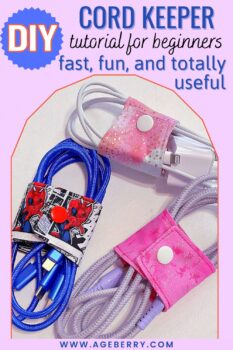Fabric cord keepers with snaps shown wrapped around cords. Text overlay says "DIY Cord Keeper Tutorial for Beginners – Fast, Fun, and Totally Useful." Ideal project for organizing cables using leftover fabric