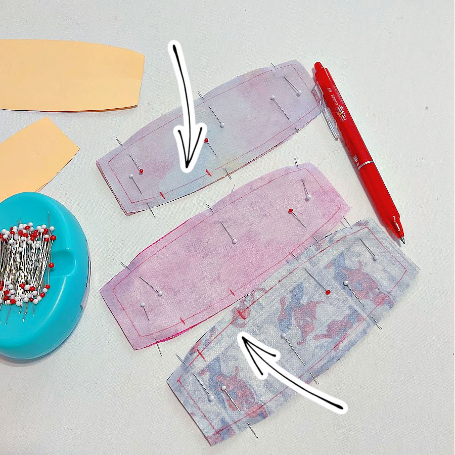 the cord keeper pieces after the stitching lines are marked showing the markings for the gap in stitching necessary toi turn the pieces