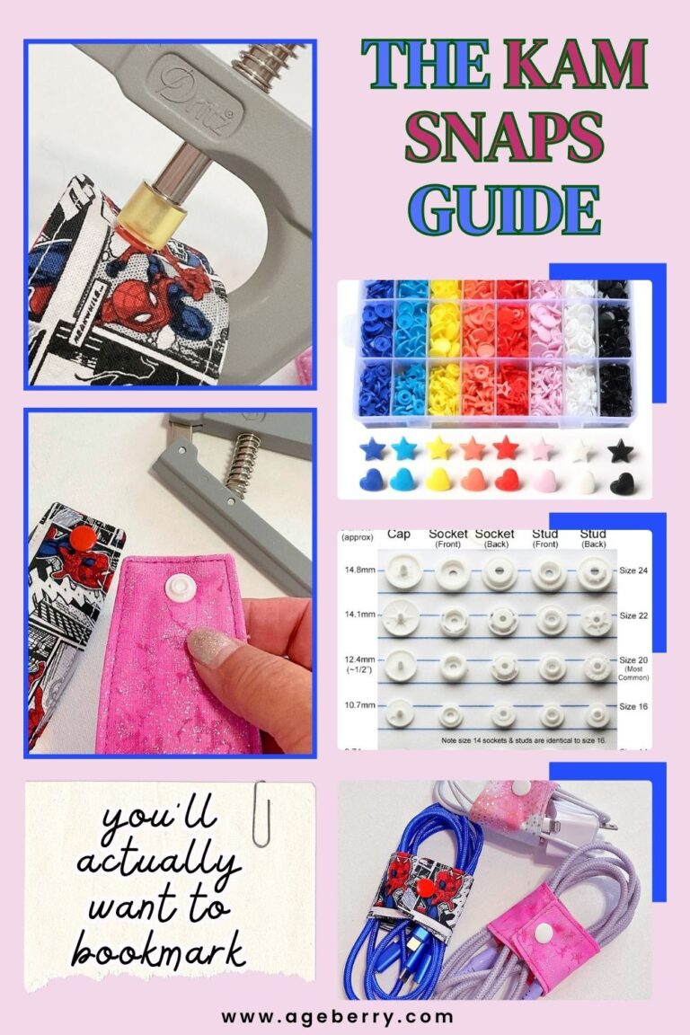 Collage showing how to use KAM snaps in sewing projects. Includes images of snap pliers in use on fabric, a plastic snap size comparison chart, colorful heart and star-shaped snaps, and cord keepers made with snaps. Text reads “The KAM Snaps Guide – You’ll actually want to bookmark.”