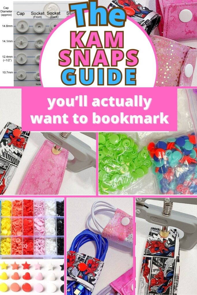Pinterest graphic featuring colorful KAM snaps, snap fastener pliers, finished cord keeper projects, and a snap size chart. Includes star and heart-shaped snaps in various colors. Bold text reads “The KAM Snaps Guide – You’ll actually want to bookmark.
