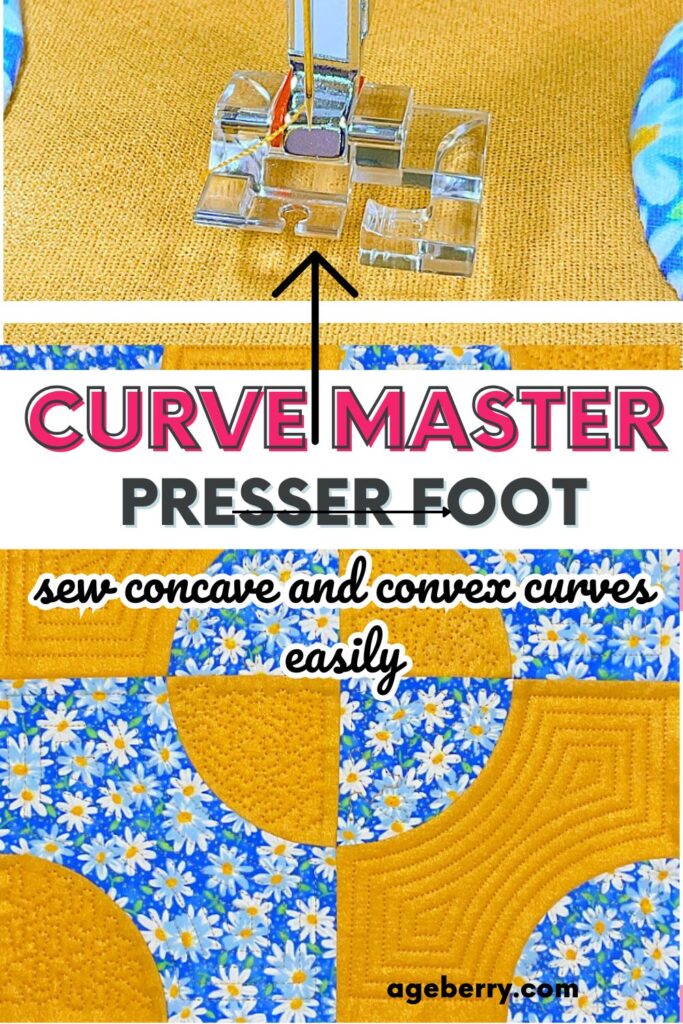 Close-up view of the Curve Master presser foot sewing a curve on yellow fabric with floral print. Below it, a completed quilt block with curved piecing shows daisies and yellow quilting cotton. Text overlay: Curve Master Presser Foot – sew concave and convex curves easily