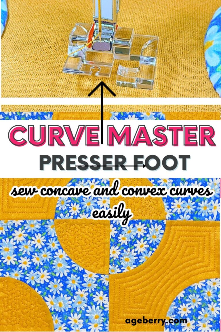 Close-up view of the Curve Master presser foot sewing a curve on yellow fabric with floral print. Below it, a completed quilt block with curved piecing shows daisies and yellow quilting cotton. Text overlay: Curve Master Presser Foot – sew concave and convex curves easily