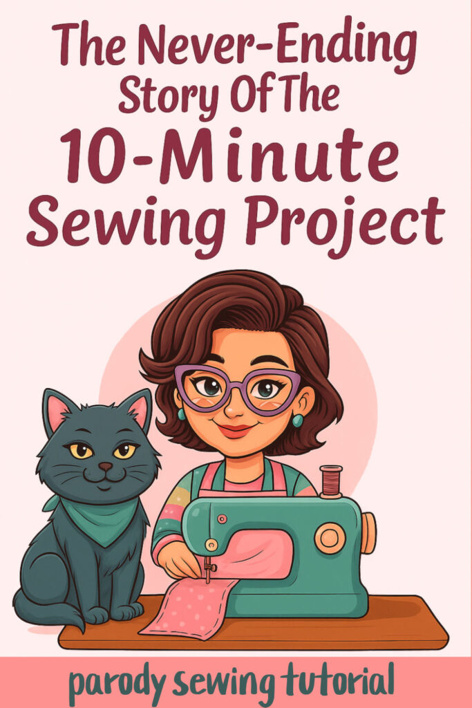 Illustrated woman at a sewing machine with a grey cat, smiling under the title “The Never-Ending Story Of The 10-Minute Sewing Project.” The text “parody sewing tutorial” appears at the bottom. Lighthearted and colorful, perfect for sewing humor content