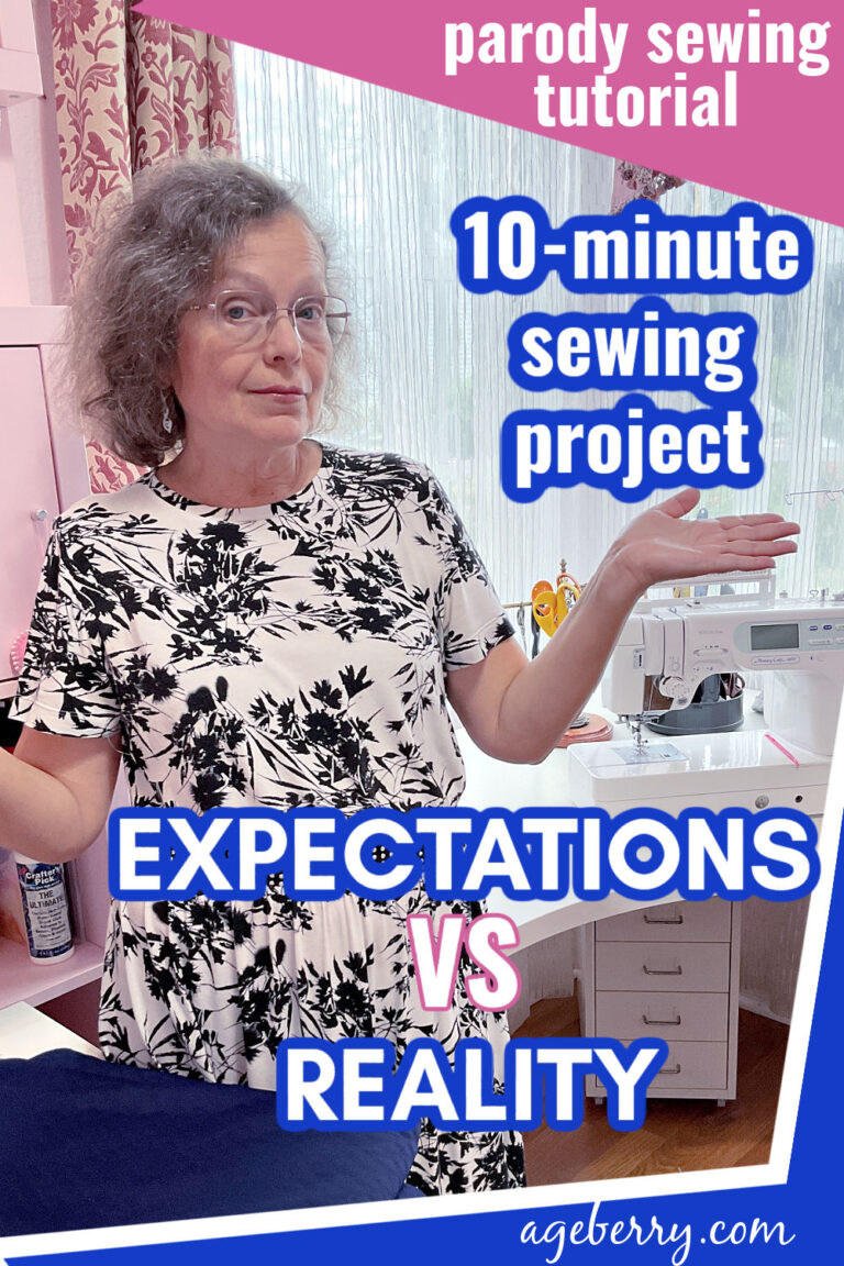 Photo of a woman in a sewing room shrugging with a sarcastic expression. Text overlay reads: “Parody sewing tutorial – 10-minute sewing project – Expectations vs. Reality.”