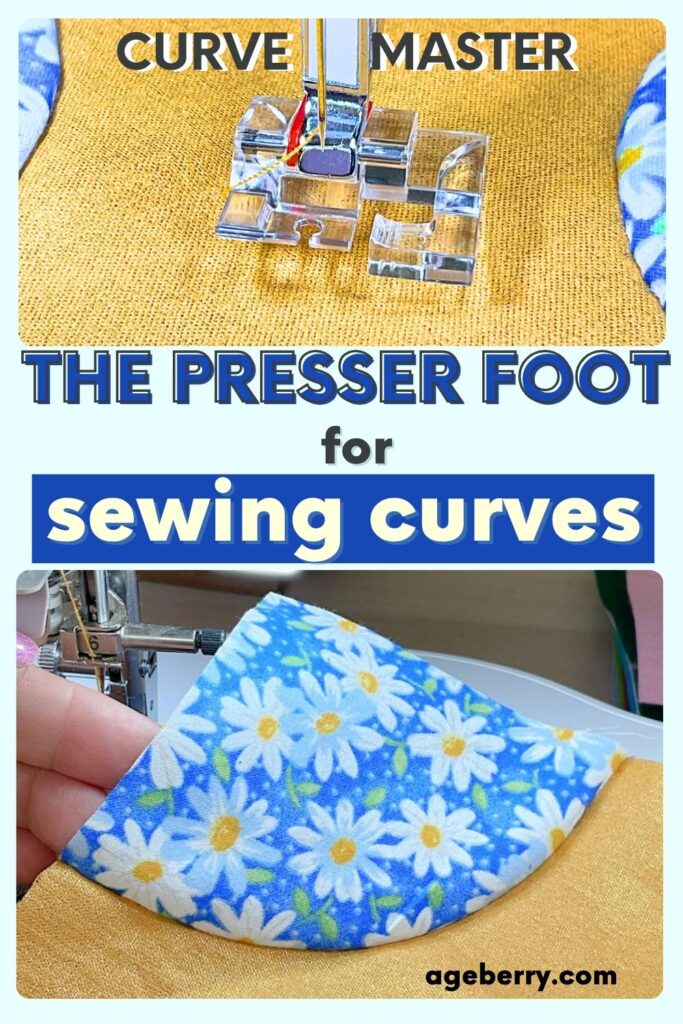 Detailed shot of the Curve Master foot on yellow fabric, and a curved quilt block being pieced with blue daisy fabric and golden cotton. Text overlay: The presser foot for sewing curves – ageberry.com