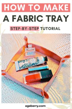 Snap-up fabric tray made from soft metallic vinyl, used for storing cosmetics and small toiletries. Shown with step-by-step sewing tutorial and free pattern on ageberry.com.