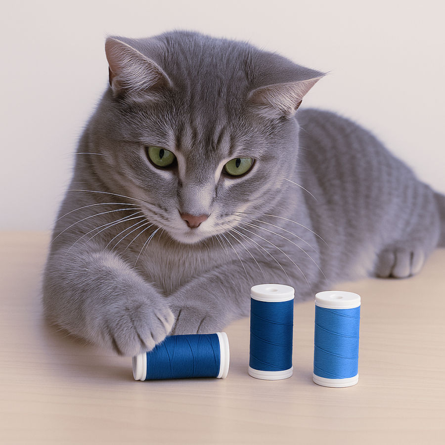 a cat playing with three spools of blue thread