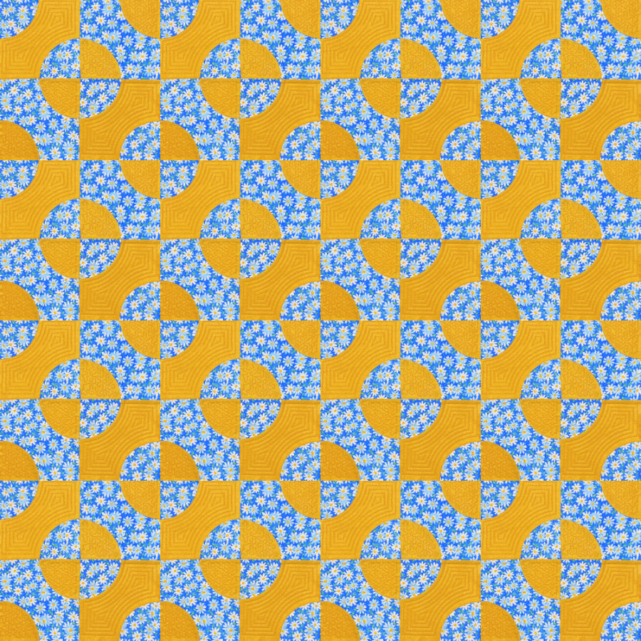 a quilt model of 8x8 blocks using the block made with quarter circle shapes