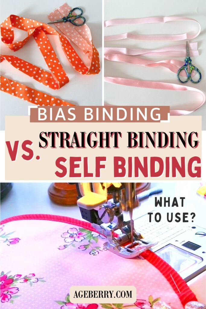 Top view of three types of fabric binding displayed side-by-side: orange polka-dot straight binding, light pink bias binding, and a sewing machine stitching red bias tape onto a curved floral fabric edge. Text overlay reads “Bias Binding vs. Straight Binding vs. Self Binding – What to Use?” Includes scissors and fabric strips to illustrate the differences