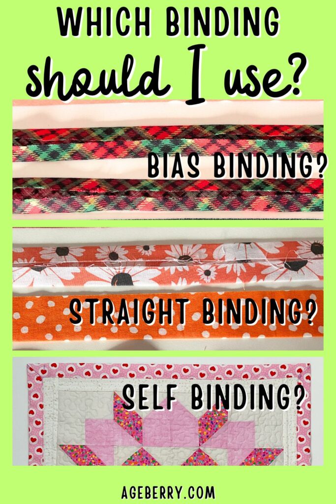 Side-by-side comparison of bias binding, straight binding, and self binding on different fabrics. Bias binding shown with red plaid tape, straight binding in floral and polka-dot orange fabric, and self binding on a pink and white quilt with a heart-patterned border. Text overlay asks “Which Binding Should I Use?” and labels each type clearly