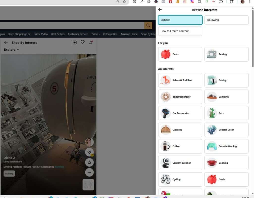 screenshot of the shop by interest function of amazon web site