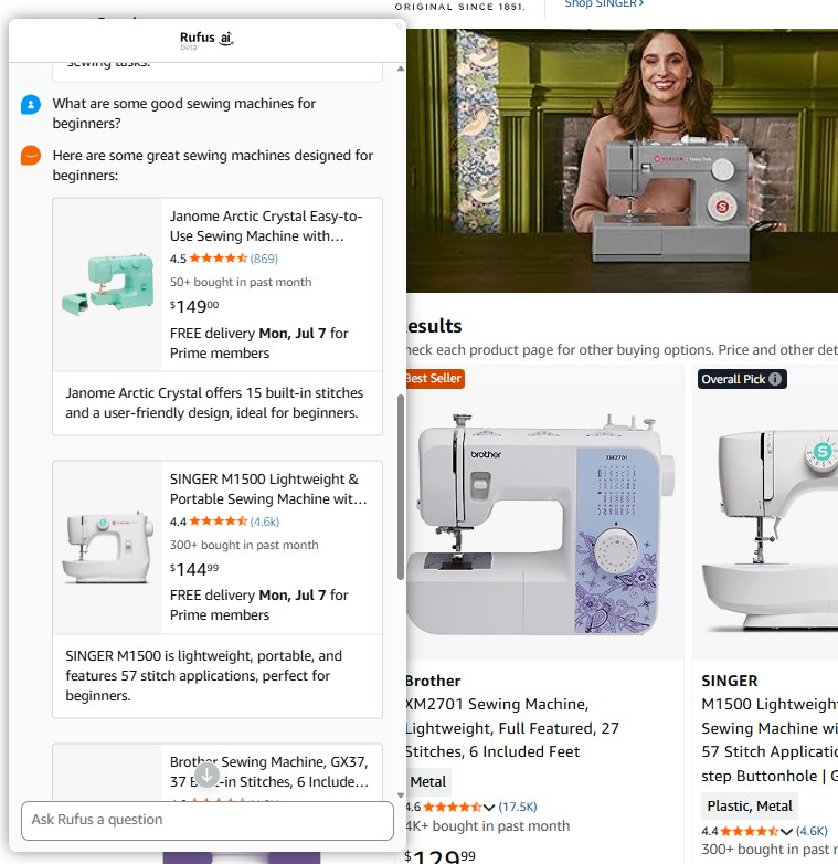 example screenshot of interaction with rufus the amazon ai during a shopping session