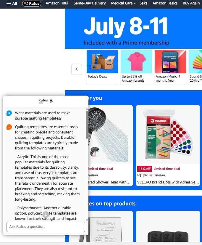 screenshot of a desktop browser showing the amazon soite with rufus icon and a rufus chat window open
