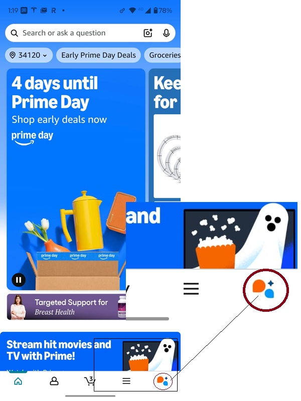screenshot of amazon app on an android phone with the rufus icon highlighted