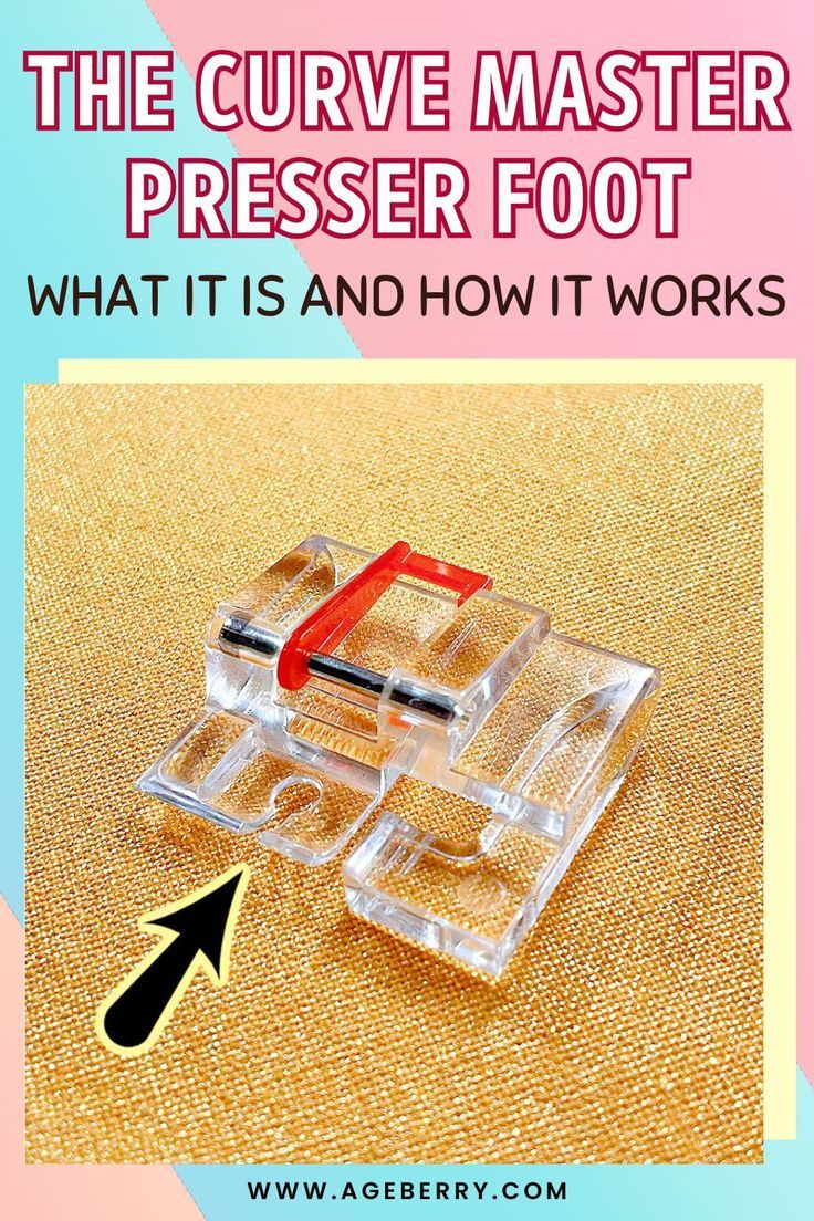 Close-up of a clear Curve Master presser foot used for sewing smooth curved seams.
