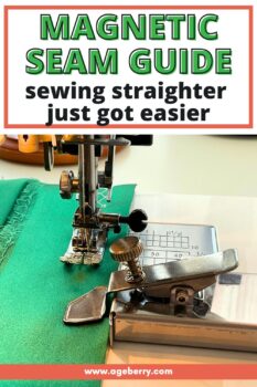 Sewing machine stitching green fabric with a magnetic seam guide attached to the needle plate. Text overlay reads “Magnetic Seam Guide – Sewing Straighter Just Got Easier.”