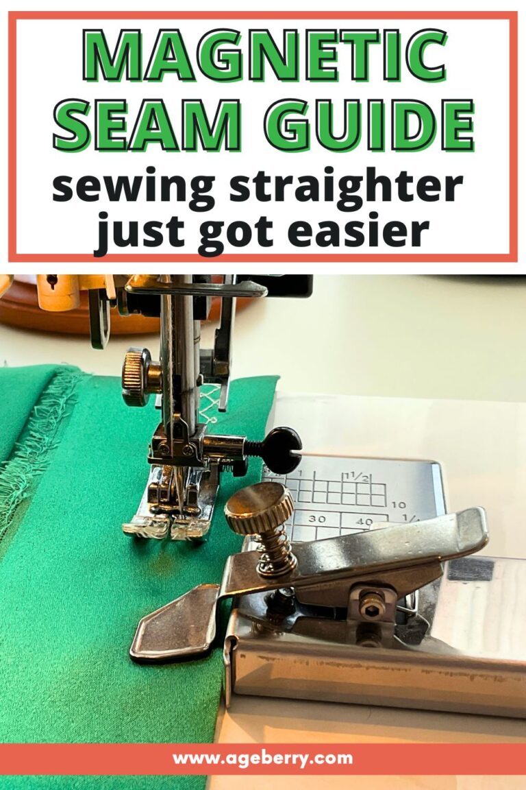 Sewing machine stitching green fabric with a magnetic seam guide attached to the needle plate. Text overlay reads “Magnetic Seam Guide – Sewing Straighter Just Got Easier.”