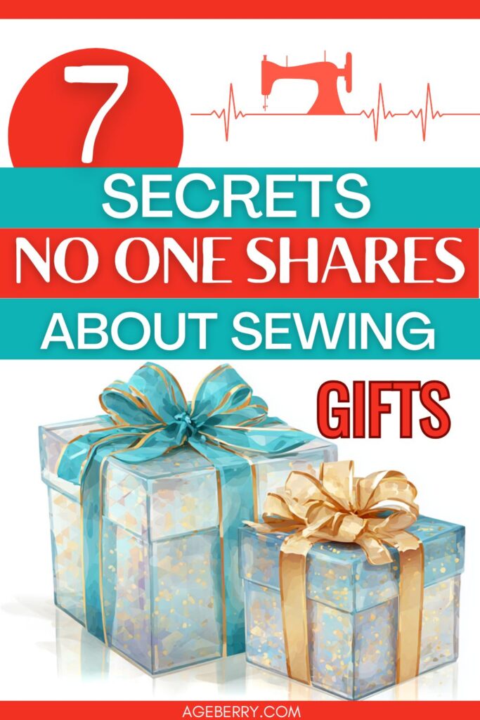7 Secrets No One Shares About Sewing Gifts. Illustrated blue and gold wrapped presents with shiny bows. Text in bold red and teal colors with a sewing machine graphic, perfect for a DIY Christmas gifts guide