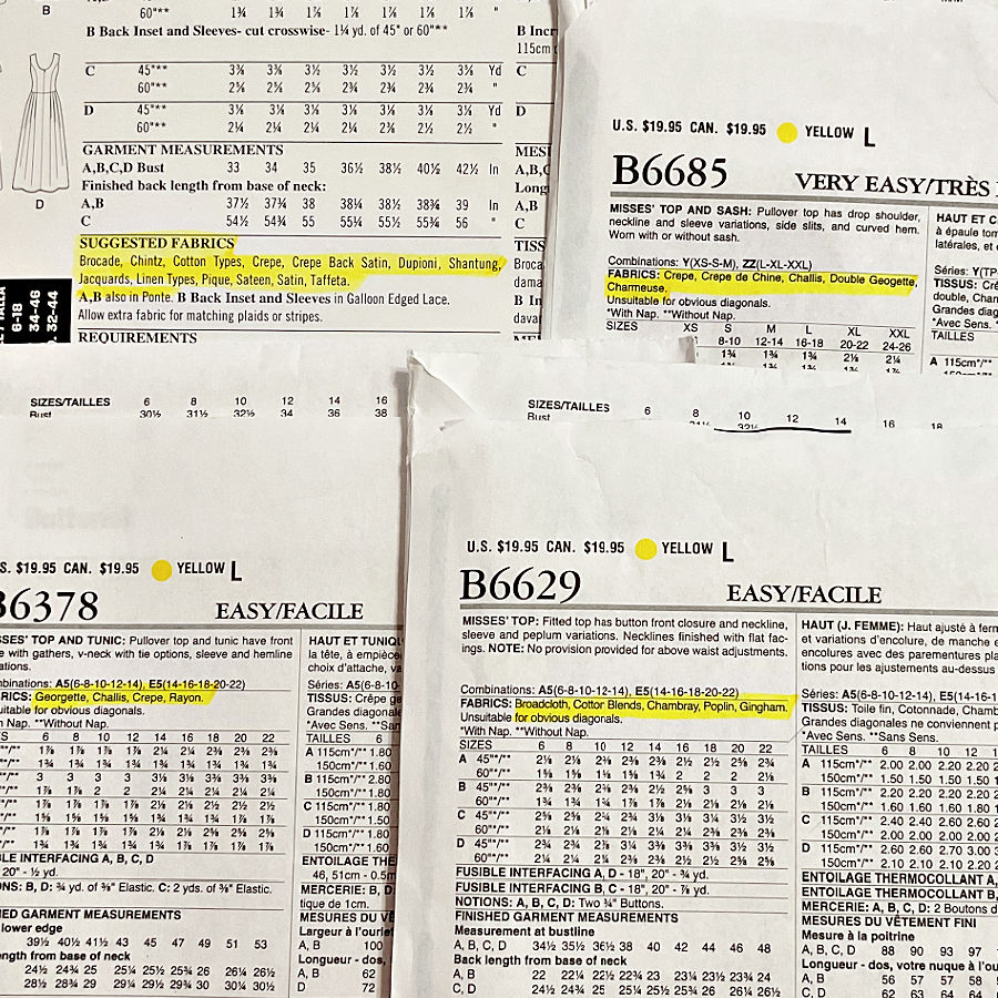 image of commercial patterns with the recommended fabric choice highlighted