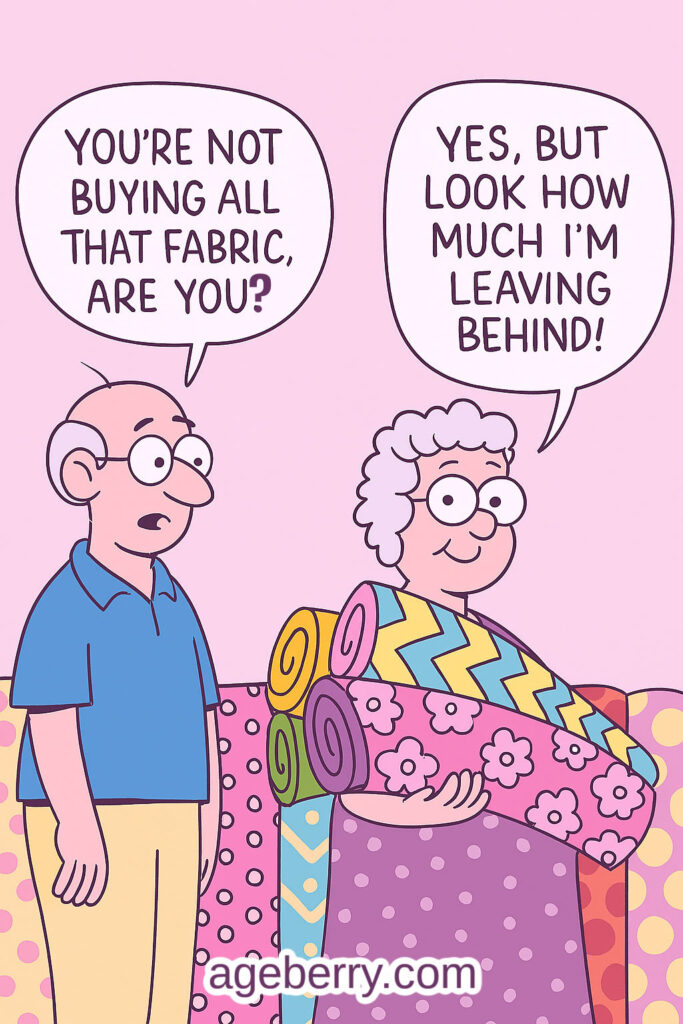 cartoon image showing a man asking a woman if she is going to buy all the fabric she holds and the woman answering that she is leaving more behind