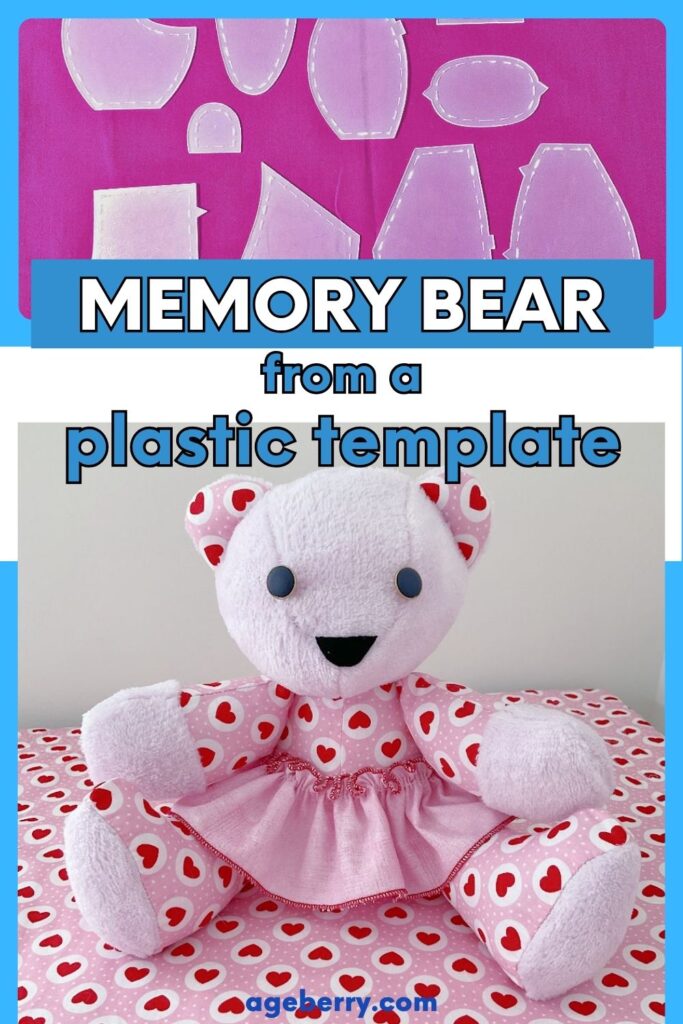 Clear plastic templates for sewing a memory bear displayed on pink fabric, with a completed sitting memory bear in pink and red heart-print fabric and a pink skirt.