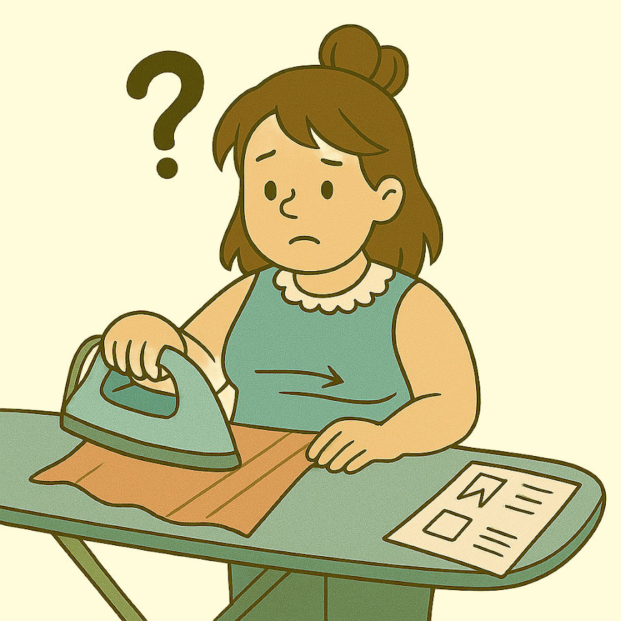 cartoon image of a woman using a hot iron and wondering about the operation she is performing